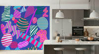 Bold teal, magenta, and purple geometric shapes scattered across a deep blue groovy wallpaper.