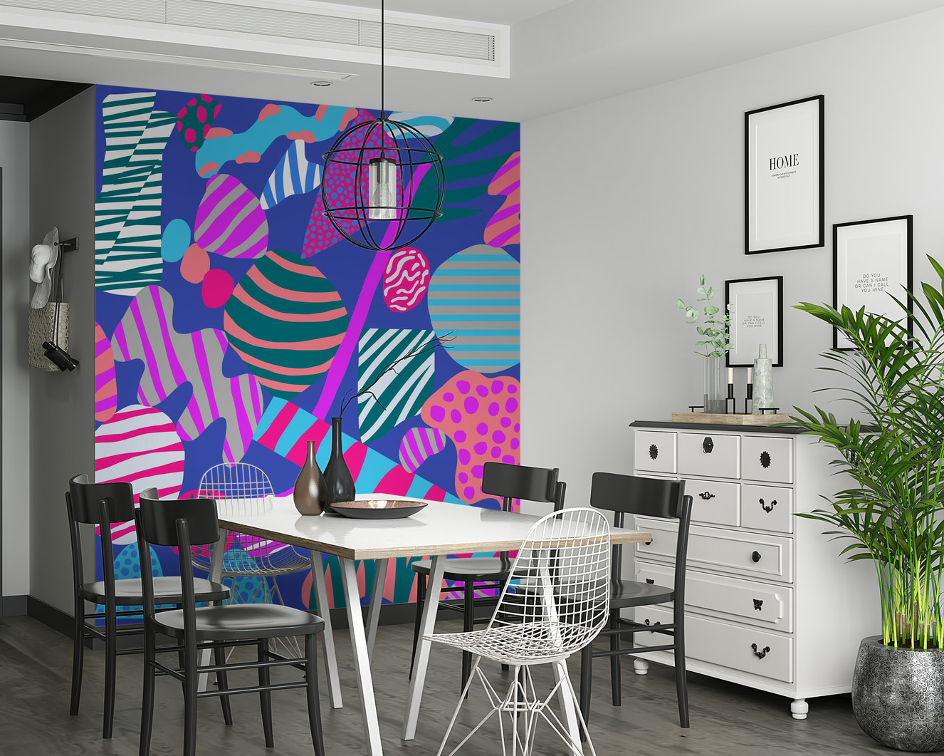 Retro geometric forms with wavy stripes and polka dots creating a playful groovy wallpaper design.