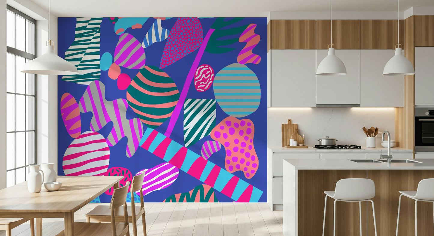 A funky abstract wallpaper showcasing striped circles, blobs, and patterned forms in vivid colors.
