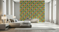 A whimsical wallpaper blending checkerboard geometry and peekaboo eyes in a nostalgic color palette.
