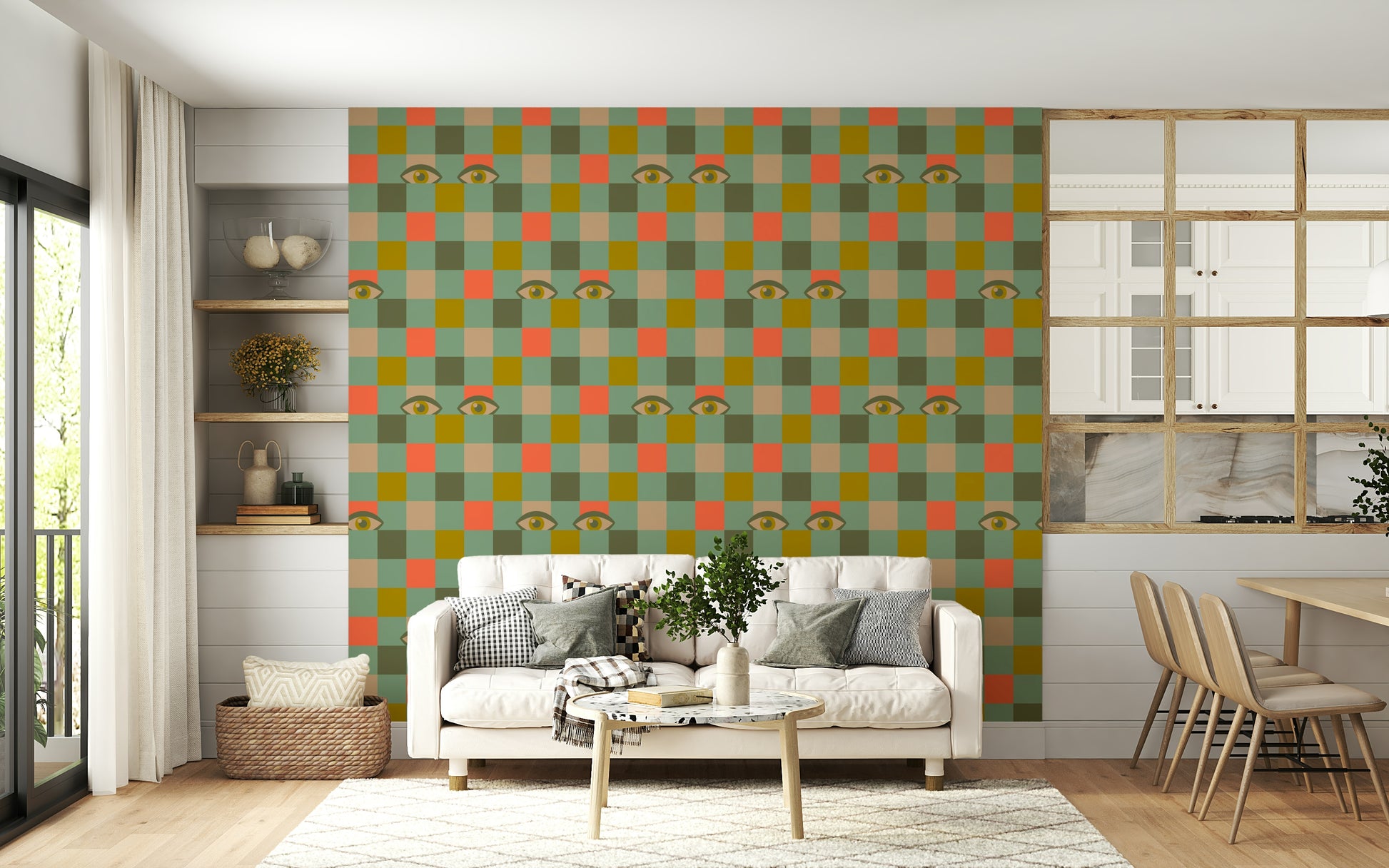 A bold retro eyes wallpaper with a grid of colorful squares and illustrated eyes peeking throughout.