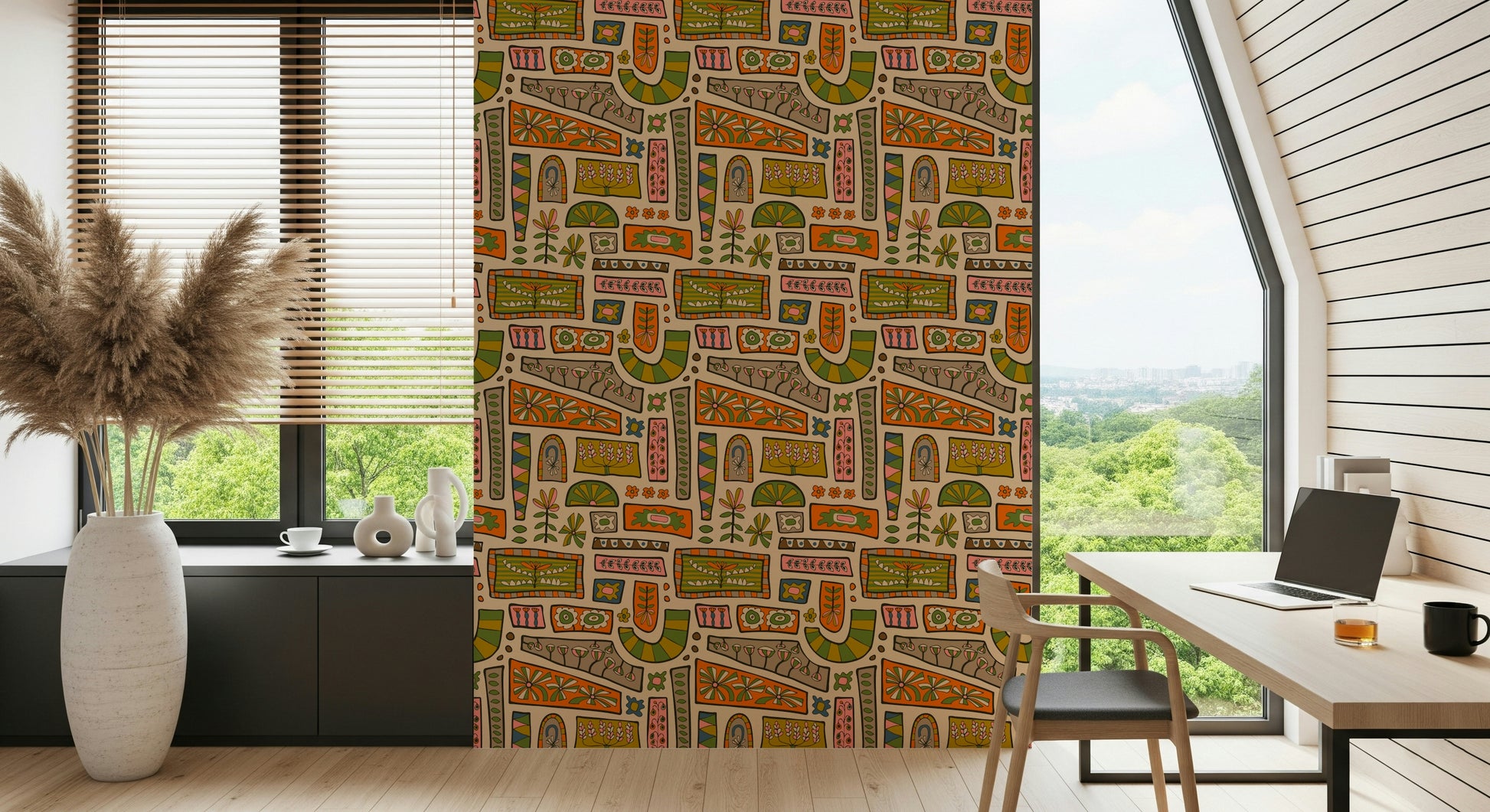 A warm bohemian wallpaper showcasing colorful patchwork tiles decorated with playful floral motifs.