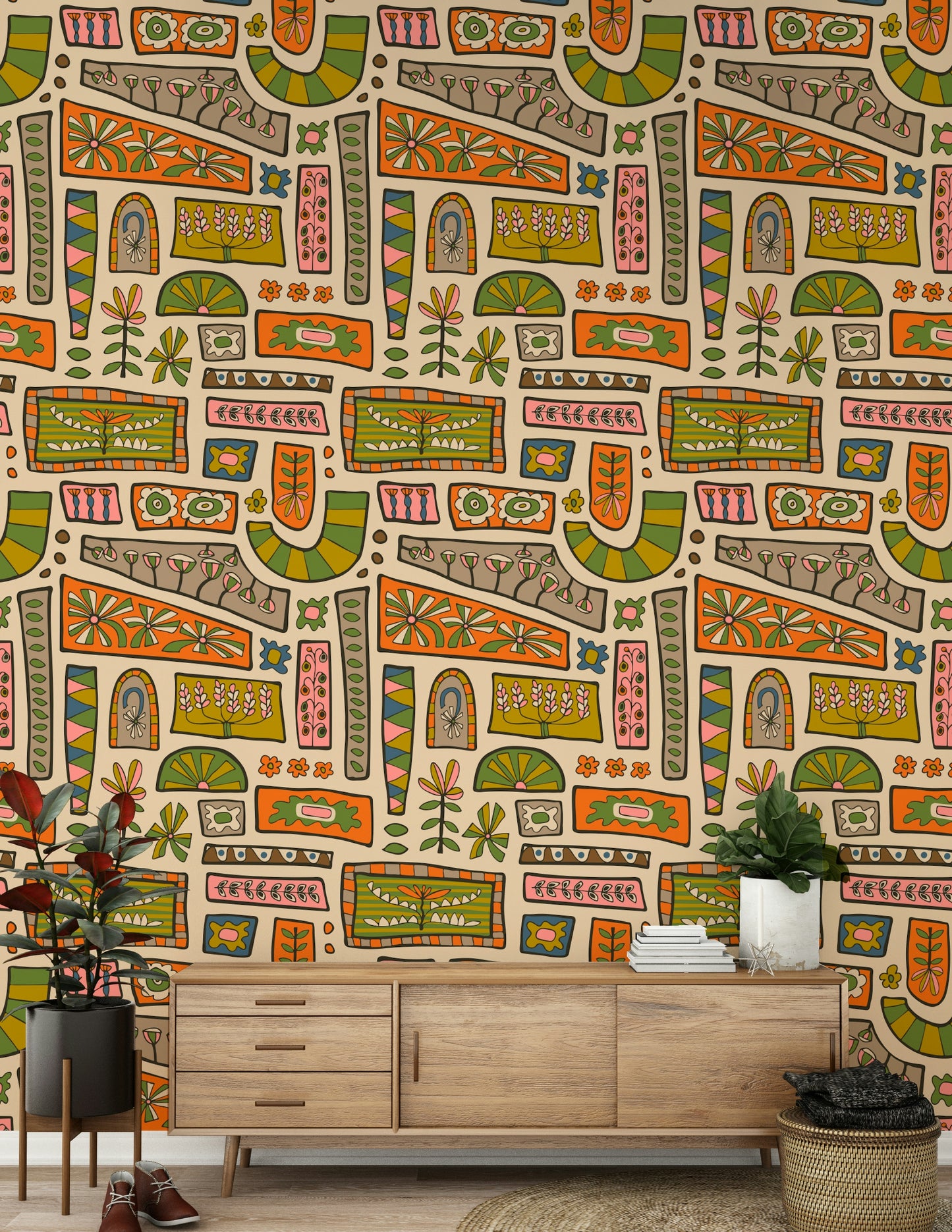 A retro-inspired wallpaper featuring eclectic floral blocks in soft green, orange, and beige tones.