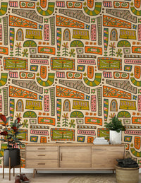 A retro-inspired wallpaper featuring eclectic floral blocks in soft green, orange, and beige tones.