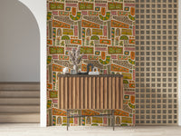 A cozy earth-tone wallpaper blending retro shapes and blooming flowers in a mod patchwork layout.