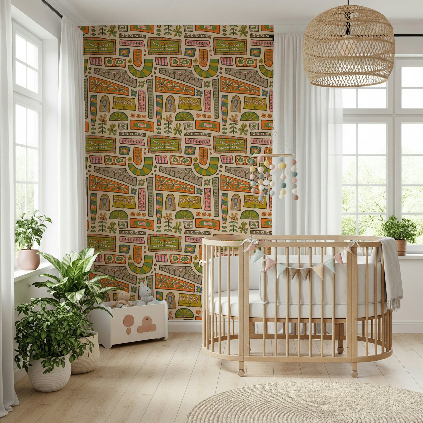 Boho patchwork wallpaper combining warm earth colors with whimsical flower and leaf illustrations.