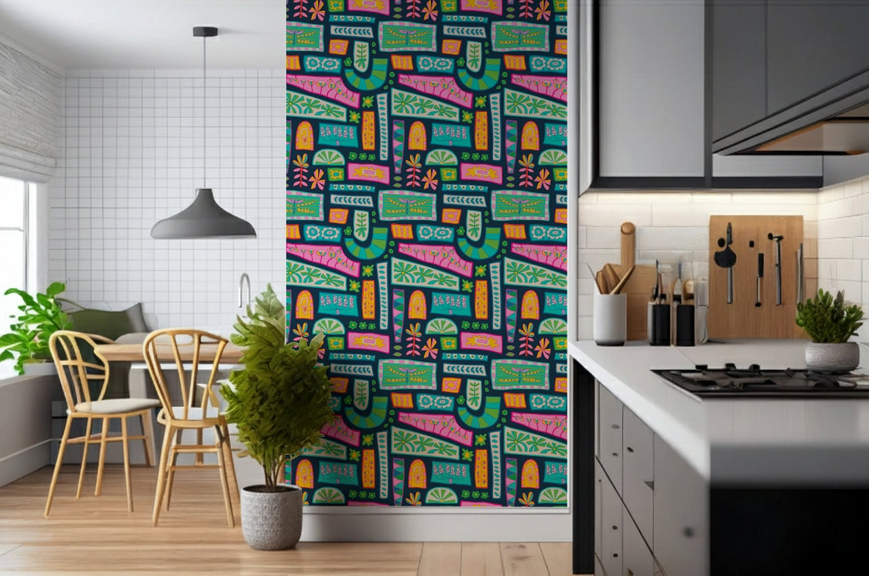 An eclectic boho wallpaper featuring playful floral patterns in vivid rainbow color blocks.
