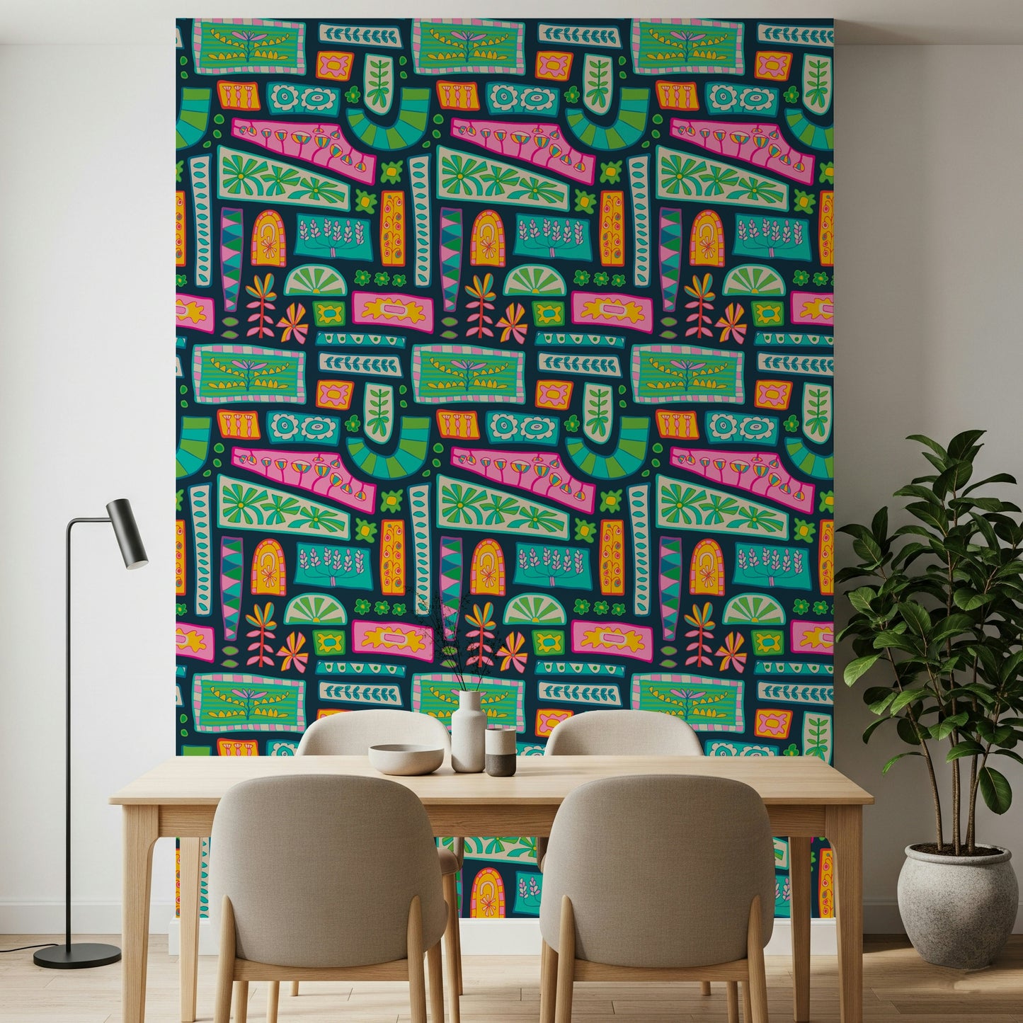 A colorful mod patchwork wallpaper filled with stylized flowers, arches, and graphic shapes.