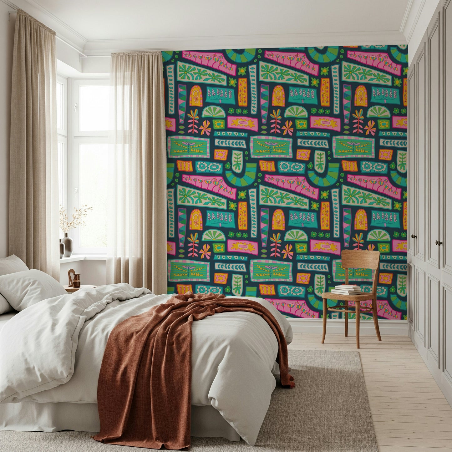 Bohemian-inspired wallpaper with eclectic flower patches arranged in a colorful geometric pattern.
