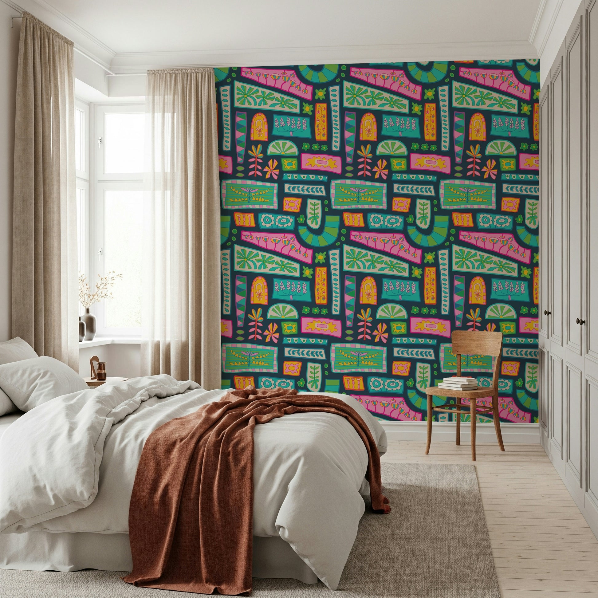 Bohemian-inspired wallpaper with eclectic flower patches arranged in a colorful geometric pattern.