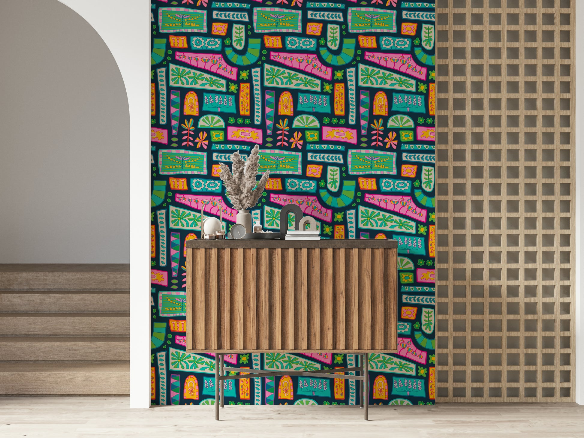 Bold geometric and floral patch designs creating a lively boho mod wallpaper in vivid multicolors.