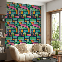 Brightly colored geometric and floral elements combining to create a cheerful bohemian wallpaper.