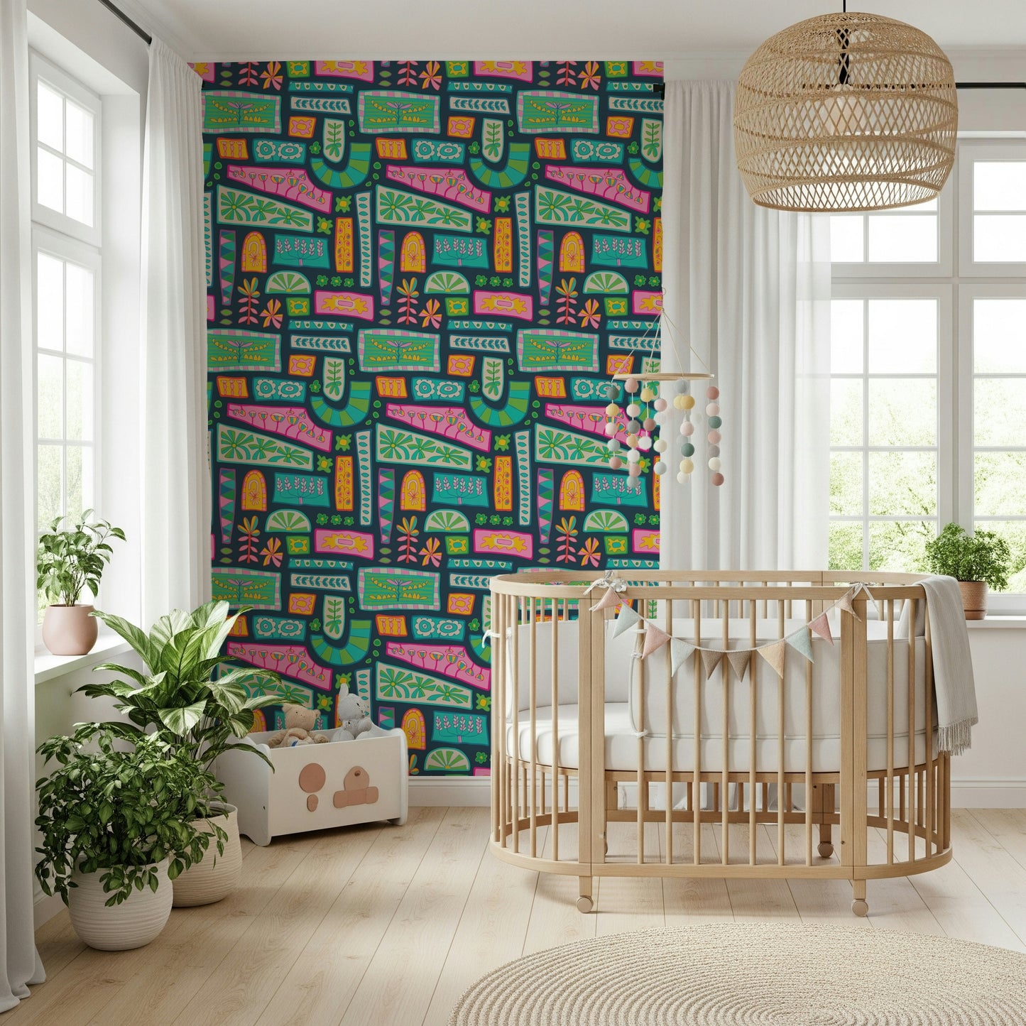 A playful patchwork wallpaper with mixed floral motifs and rainbow-bright shapes on a dark background.