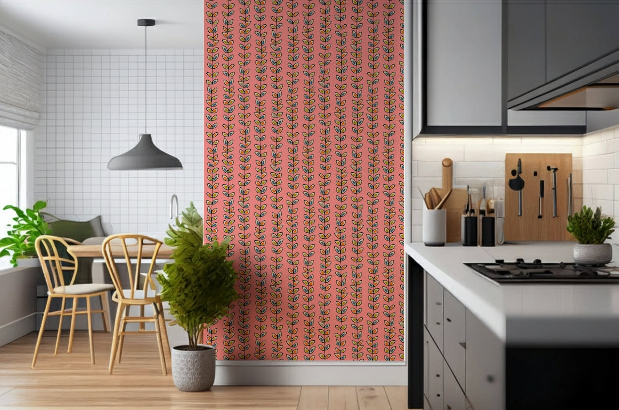 Striped vine patterns with yellow, blue, and gray leaves arranged on a soft pink wallpaper background.