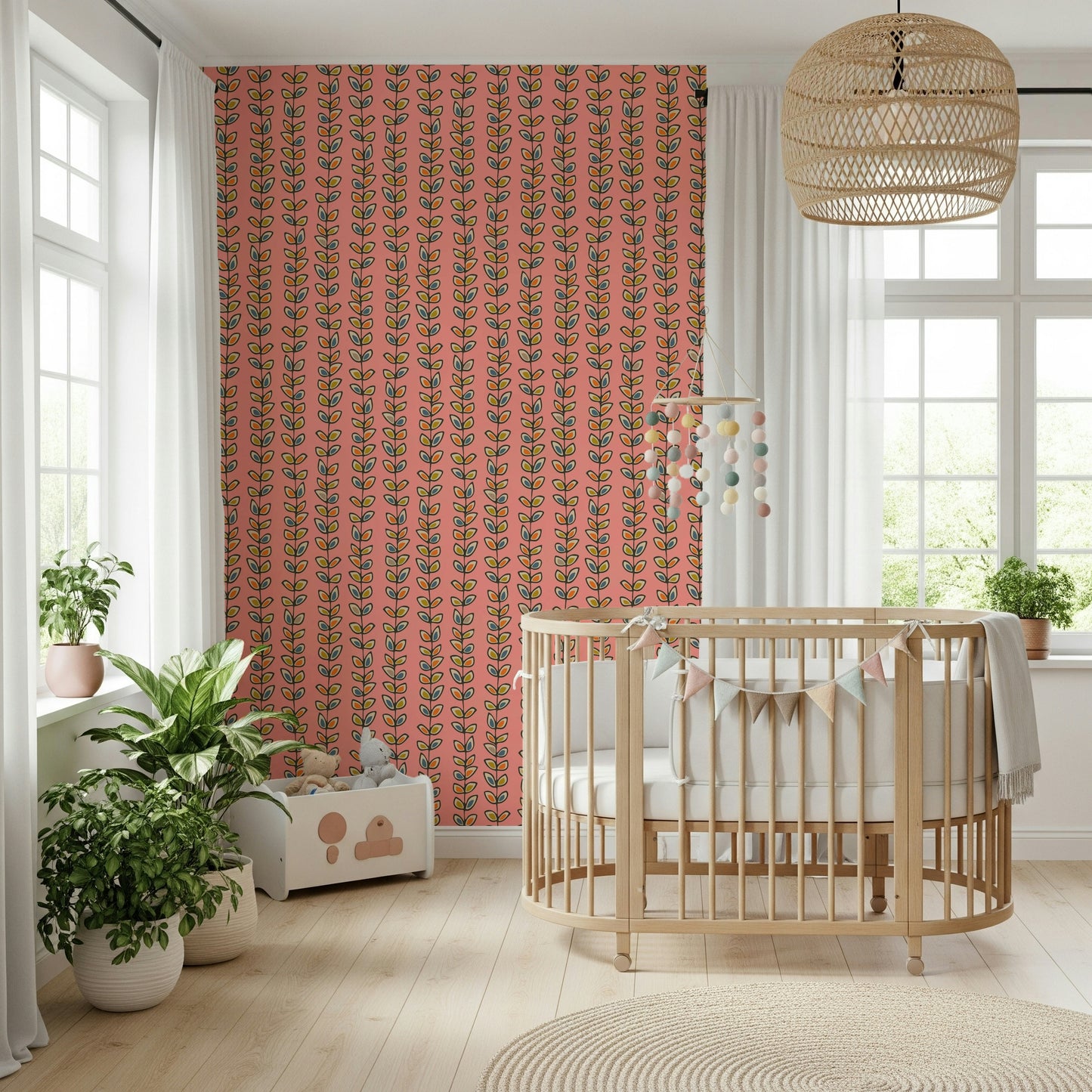 Vertical botanical stripes with outlined retro leaves adding charm to a soft pink wallpaper design.