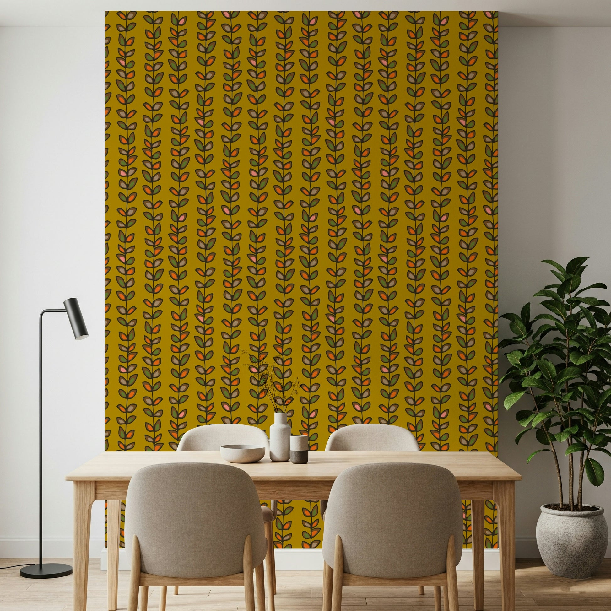 A patterned retro wallpaper with evenly spaced vine stripes and vibrant stylized leaves on a warm mustard base.