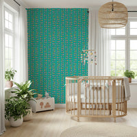 A nostalgic retro wallpaper showing colorful leaf clusters aligned along tidy turquoise vine patterns.