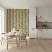 An off-white wallpaper decorated with repeating vintage-style vines and outlined multicolored leaves.