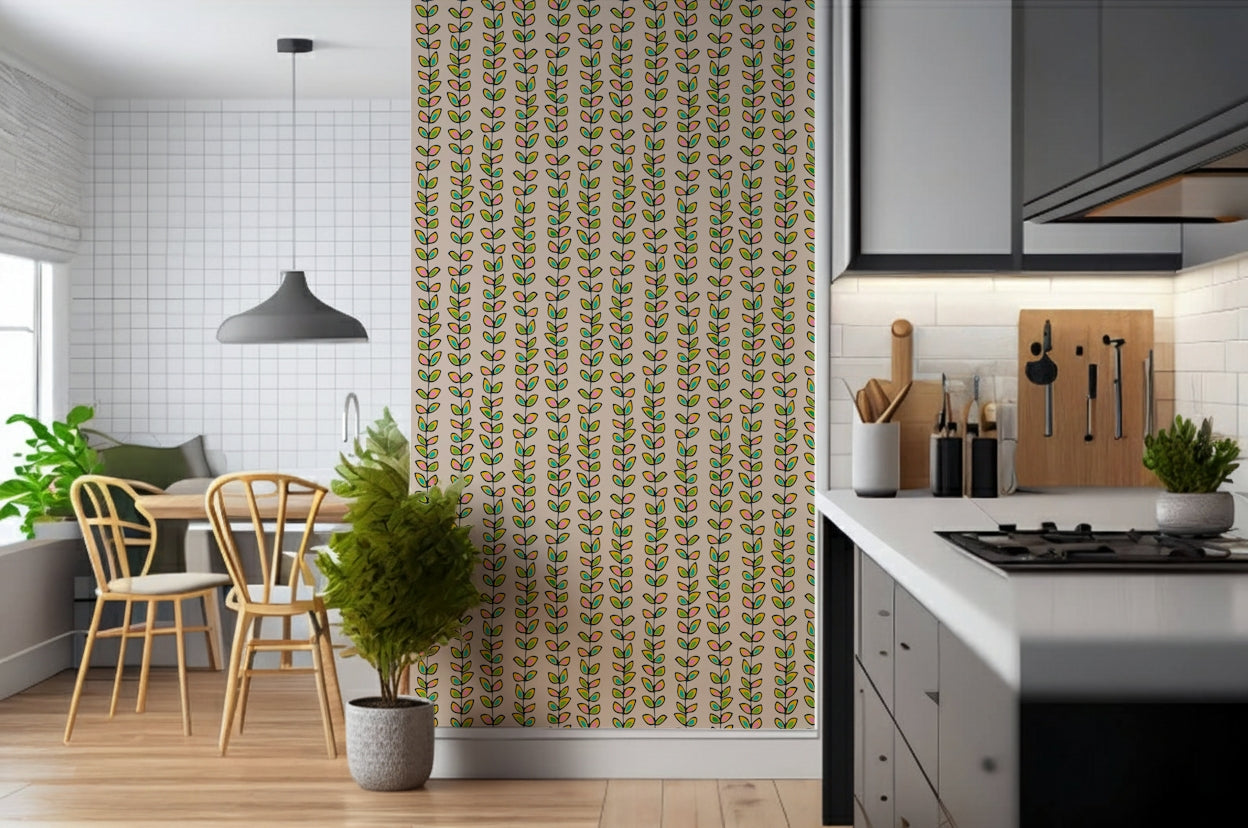 Off-white wallpaper with repeated retro leaf designs arranged neatly on vertical vine patterns.