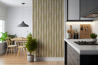 Off-white wallpaper with repeated retro leaf designs arranged neatly on vertical vine patterns.