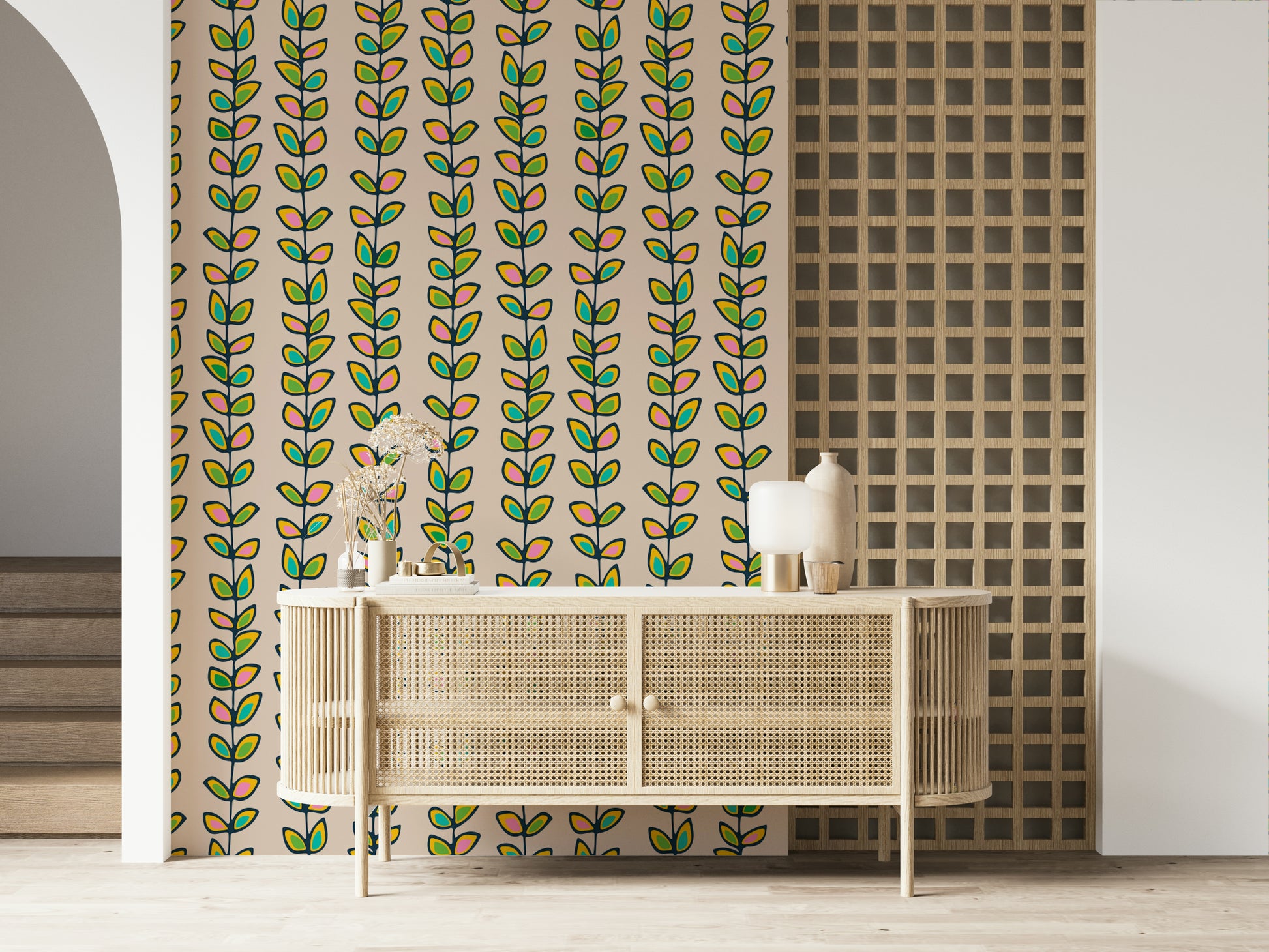 A lively retro leaves wallpaper showing colorful leaf clusters aligned along upward vines on a soft off-white tone.