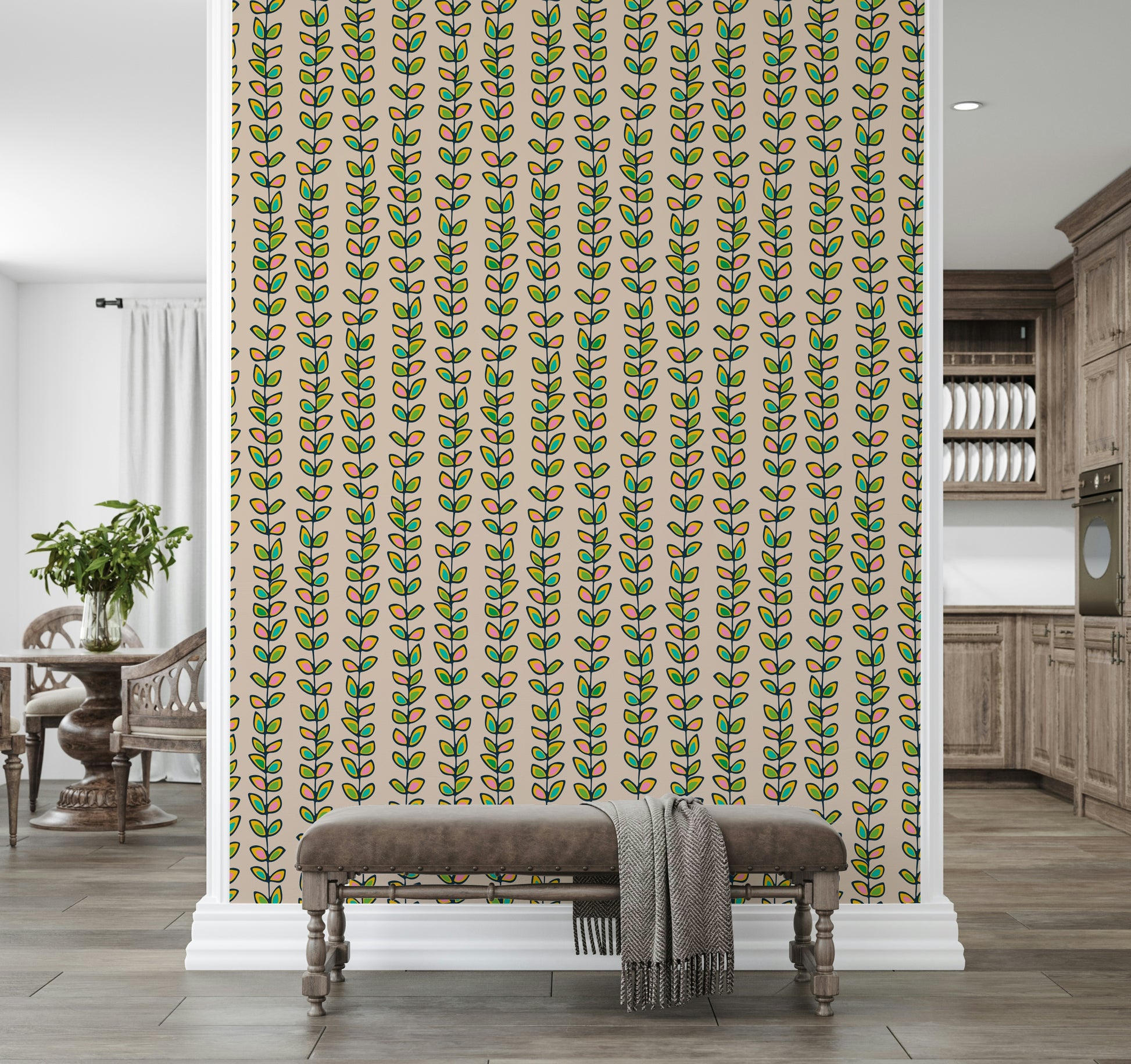 Colorful leaf designs arranged along vertical climbing vines giving the wallpaper a cheerful retro charm.