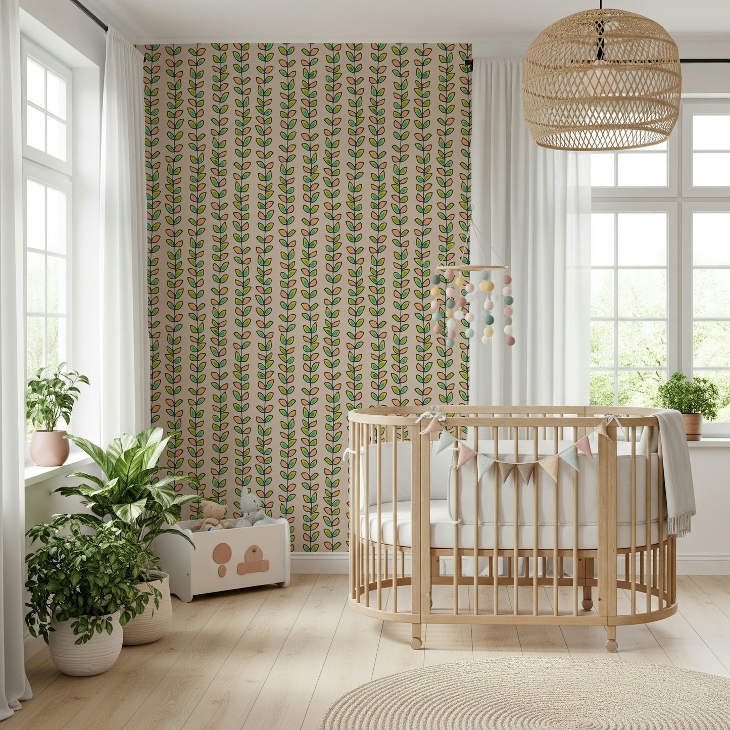 A nostalgic retro wallpaper with multicolored leaf clusters climbing upward on neat off-white vine stripes.
