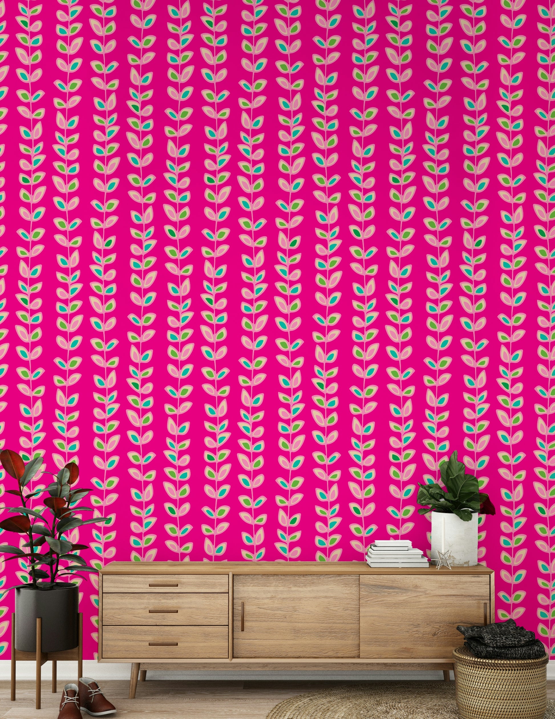 A cheerful patterned wallpaper showcasing bright vine stripes and stylized leaves in retro colors.