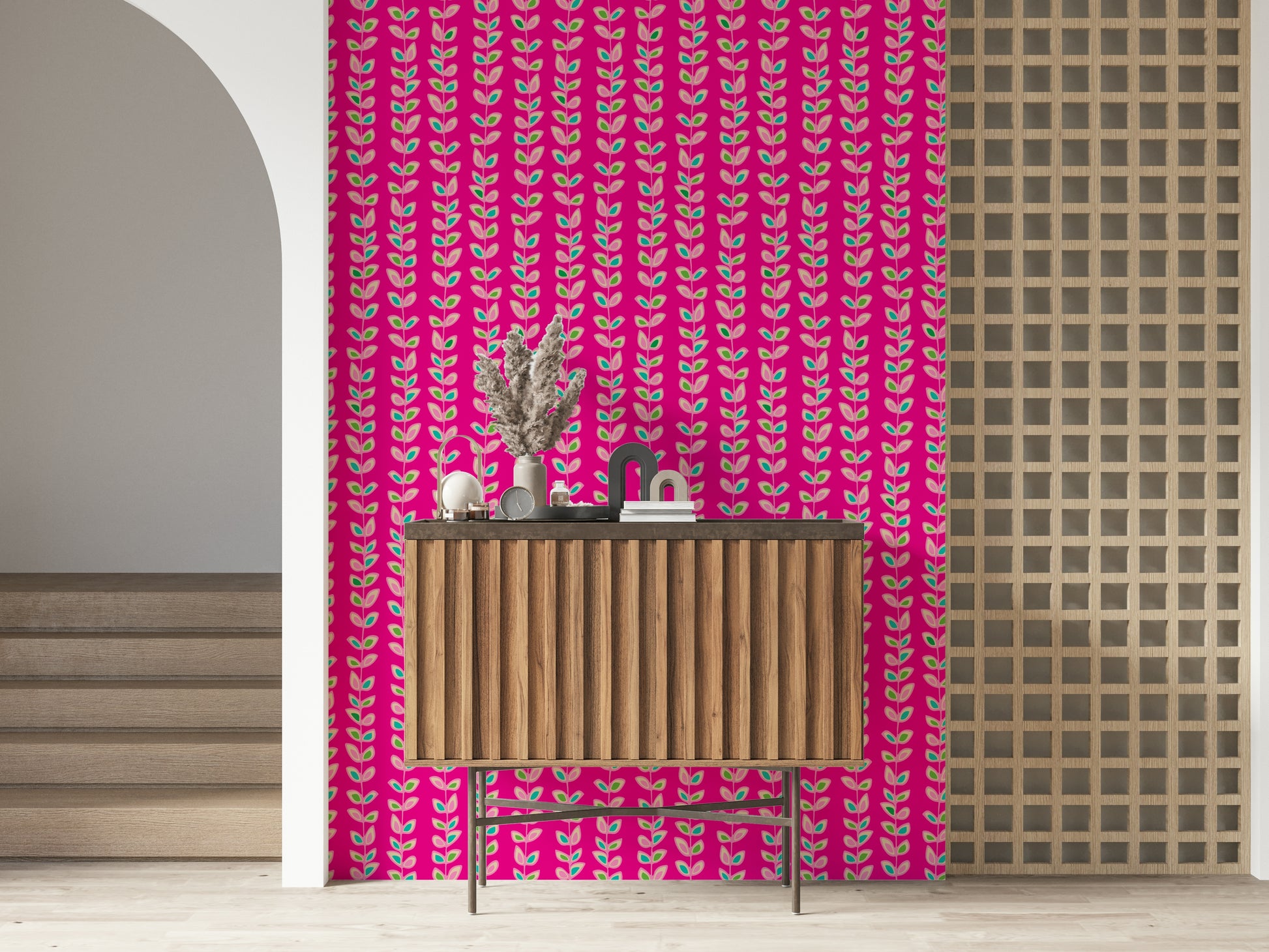 Colorful leaf designs arranged along upward vine stripes against a vivid fuchsia wallpaper background.