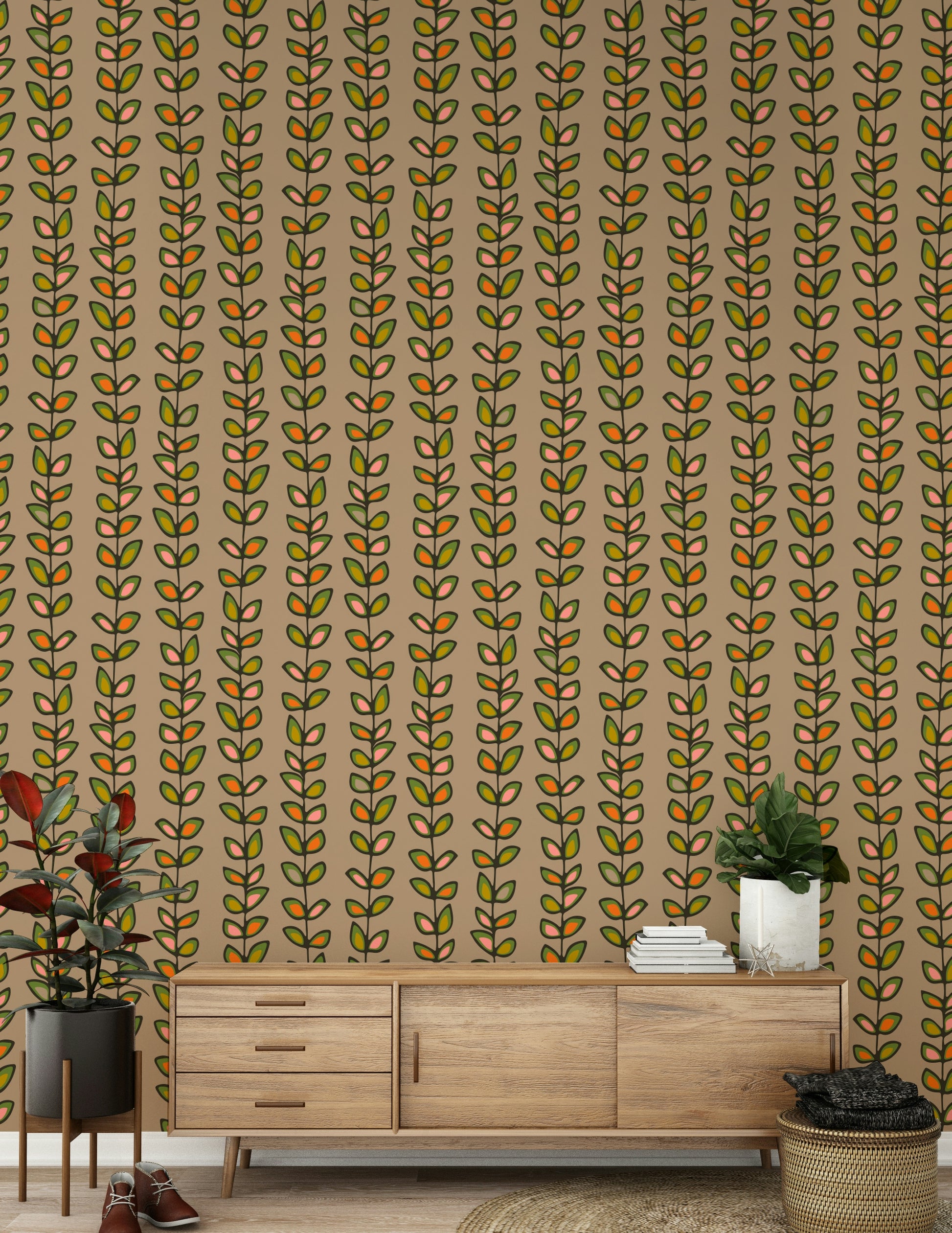 A patterned retro wallpaper with evenly spaced climbing vines and stylized leaf shapes in warm tones.