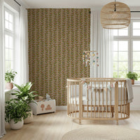 Vintage-style beige wallpaper with repeated vine lines filled with green and orange retro leaves.
