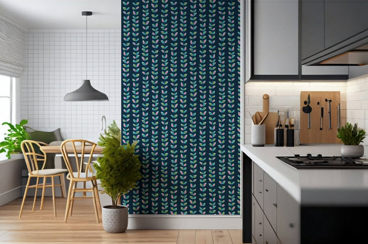 Dark blue wallpaper with repeated retro leaf designs arranged on clean vertical vine stripes.
