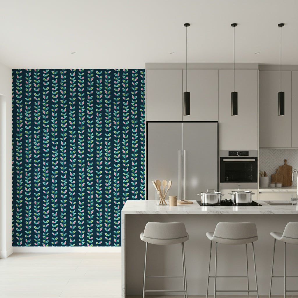 A navy blue wallpaper decorated with repeating vertical vines and outlined multicolored retro leaves.