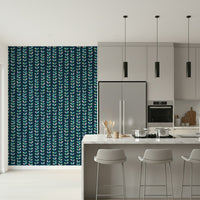 A navy blue wallpaper decorated with repeating vertical vines and outlined multicolored retro leaves.