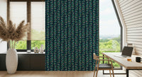 Vertical vine stripes with playful retro leaves adding color and charm to the navy wallpaper background.