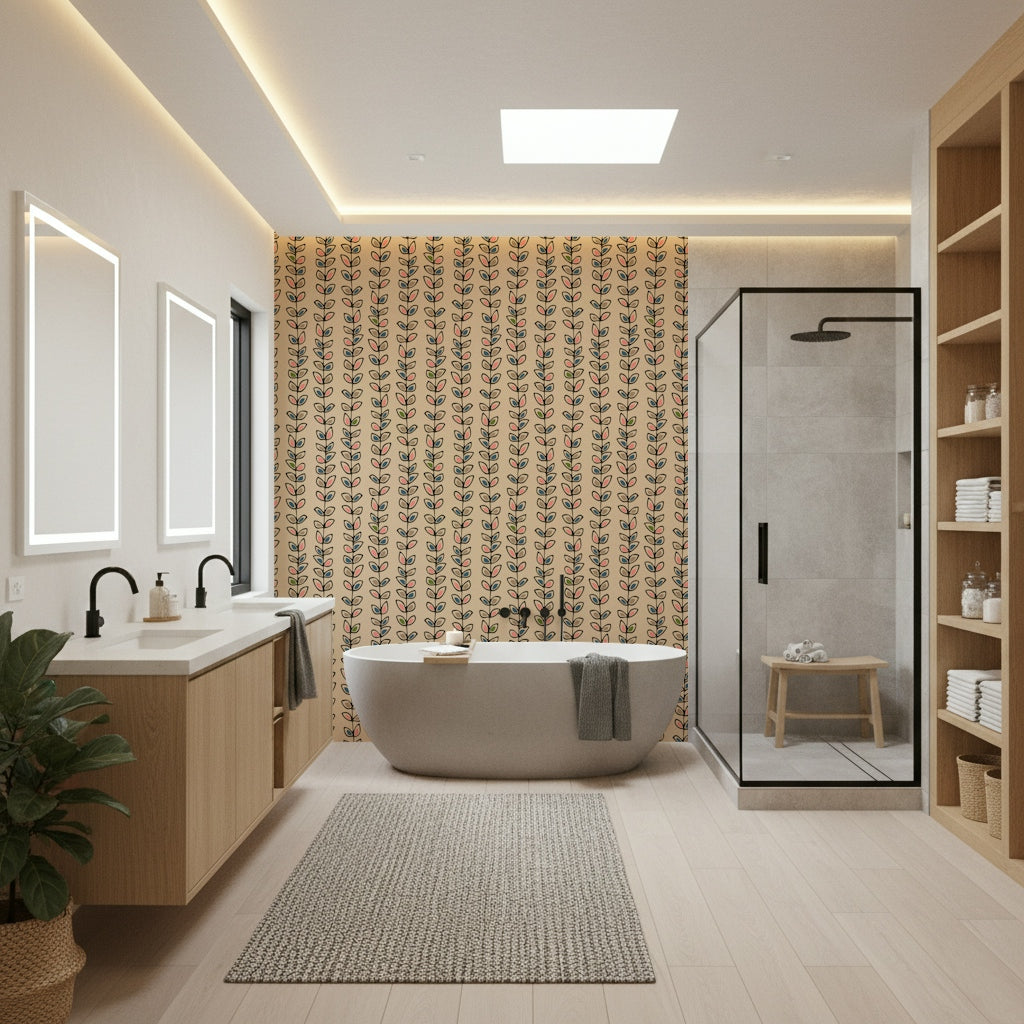 A vintage-style wallpaper displaying striped vine patterns with playful colorful leaf clusters.