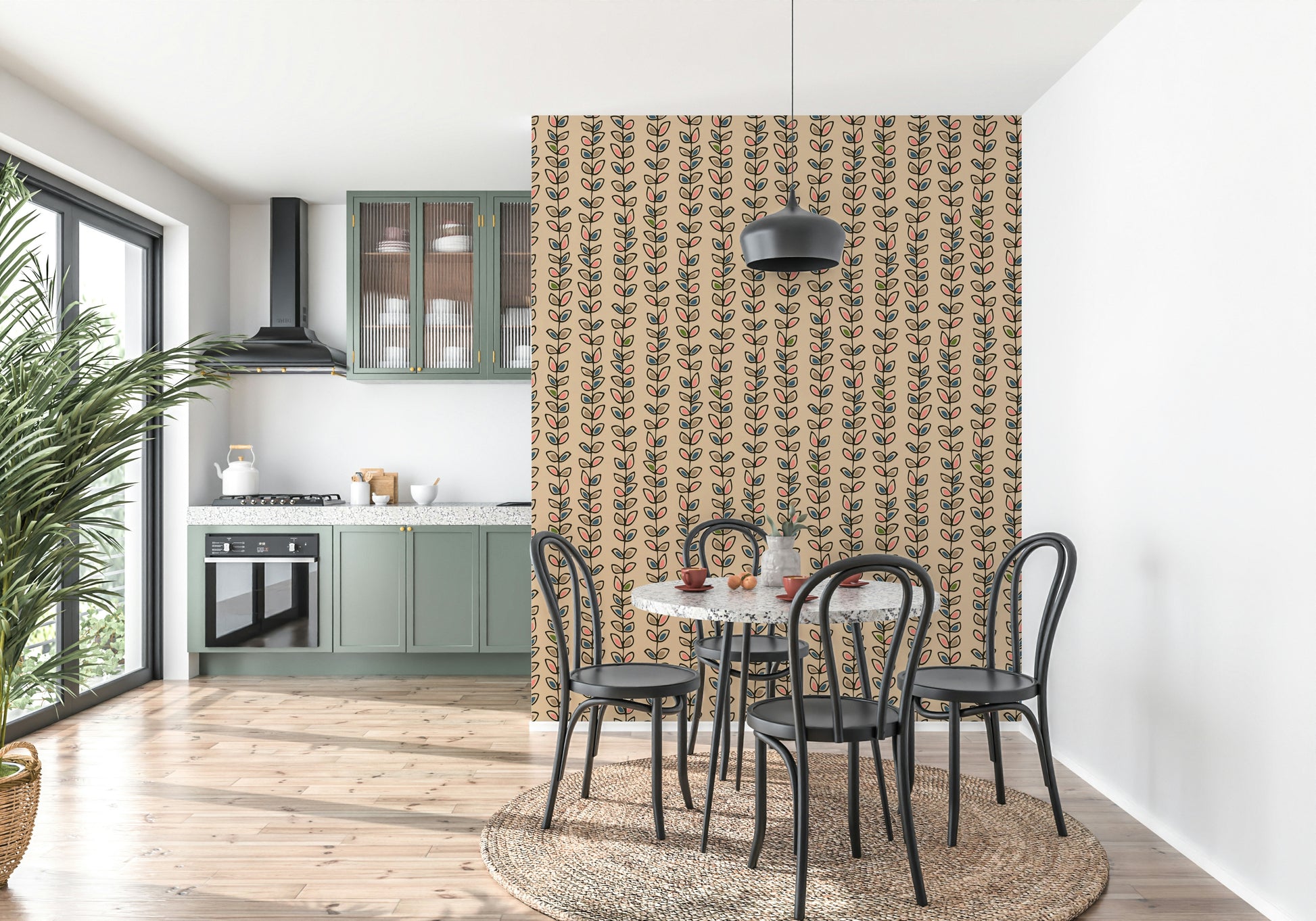 A whimsical retro wallpaper with vertically repeating vines and multicolored leaf shapes.