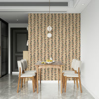 Cream wallpaper decorated with repeating retro leaves rising along narrow botanical stripes.