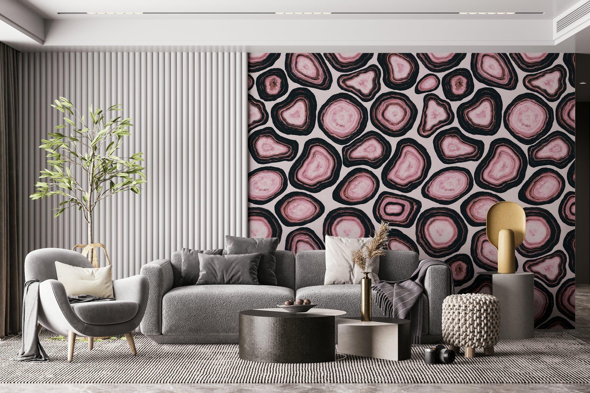 A seamless wallpaper with pink geode-style formations outlined in bold dark rings.