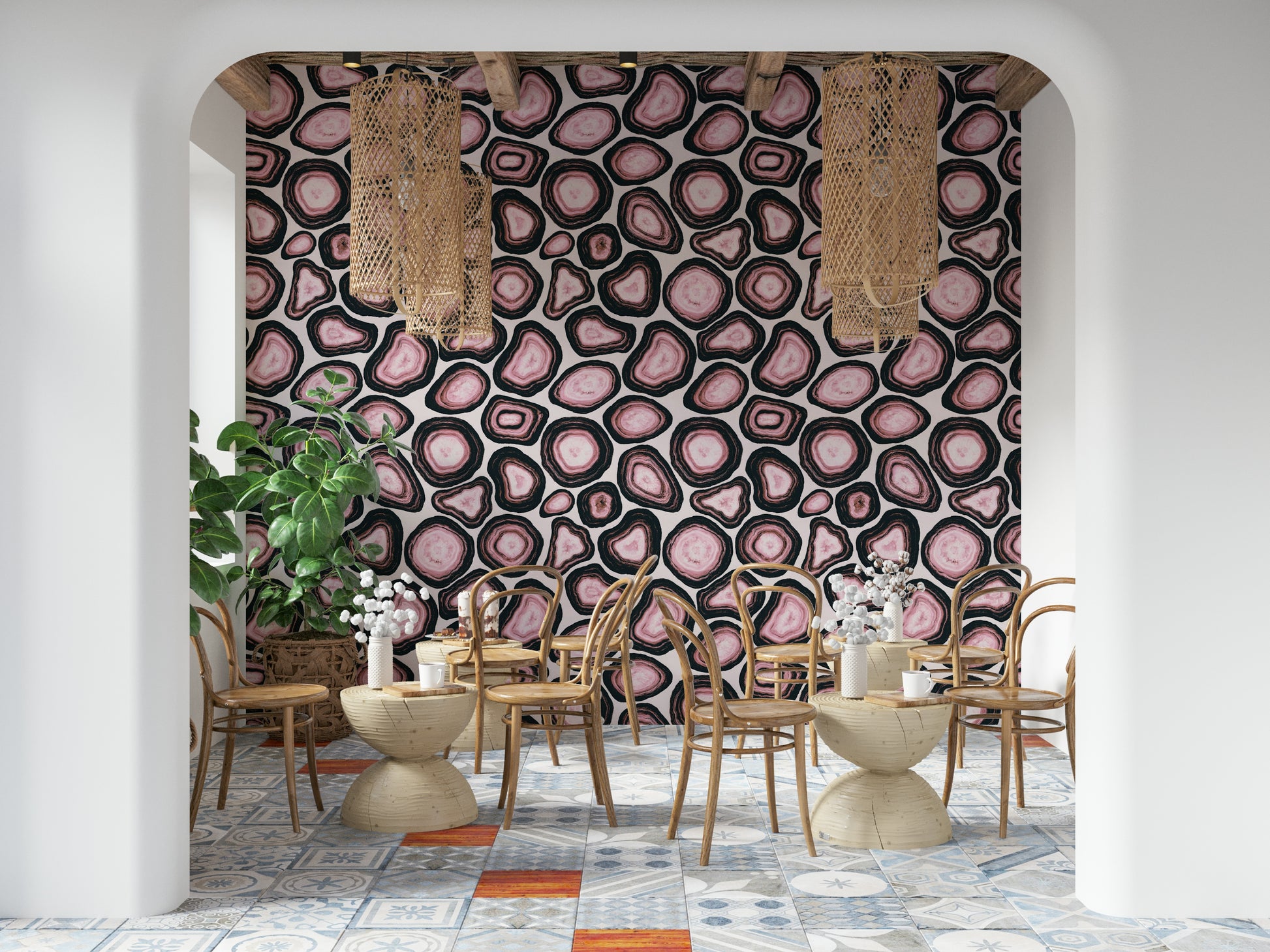 Bold pink agate formations outlined in deep black creating a dramatic mineral wallpaper.