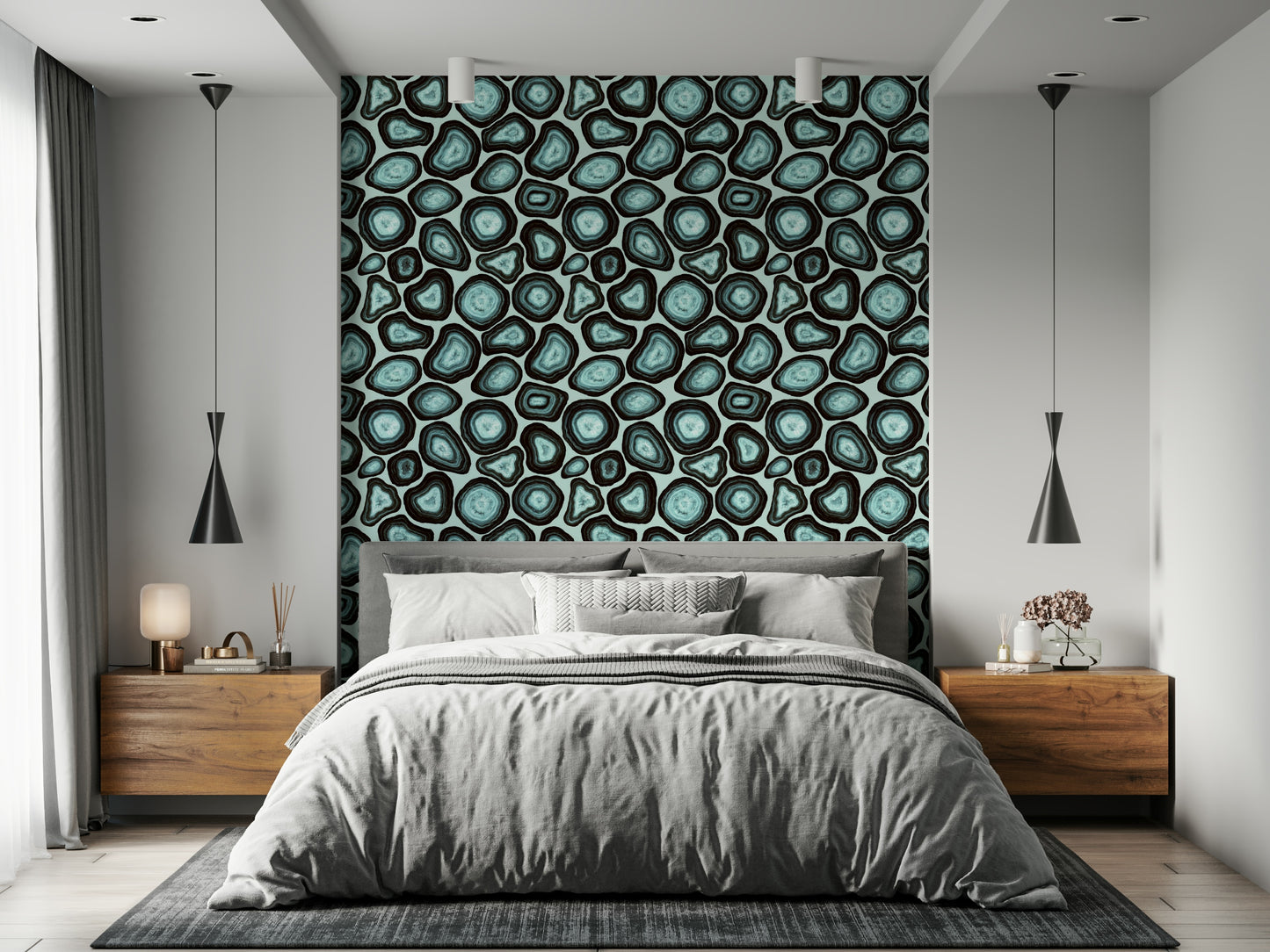 Repeating turquoise agate stone patterns giving the wallpaper a rich organic flow.