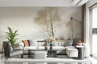 Soft, foggy winter trees lining a quiet beach scene in a calming landscape wallpaper.