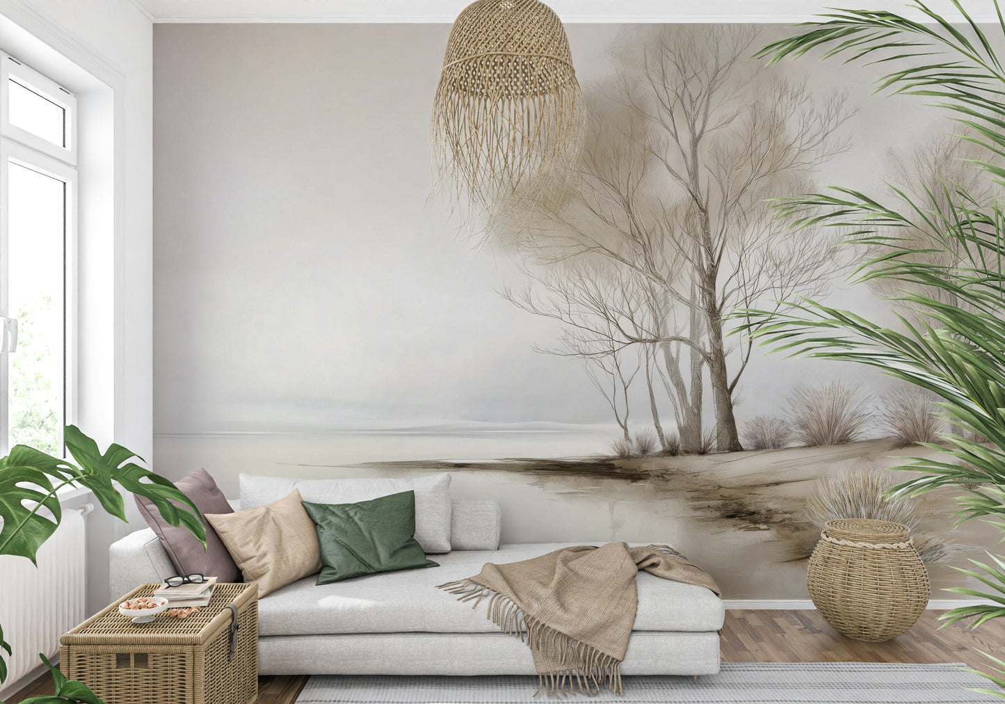 A tranquil snowy-shore wallpaper featuring slender trees against a muted winter sky.