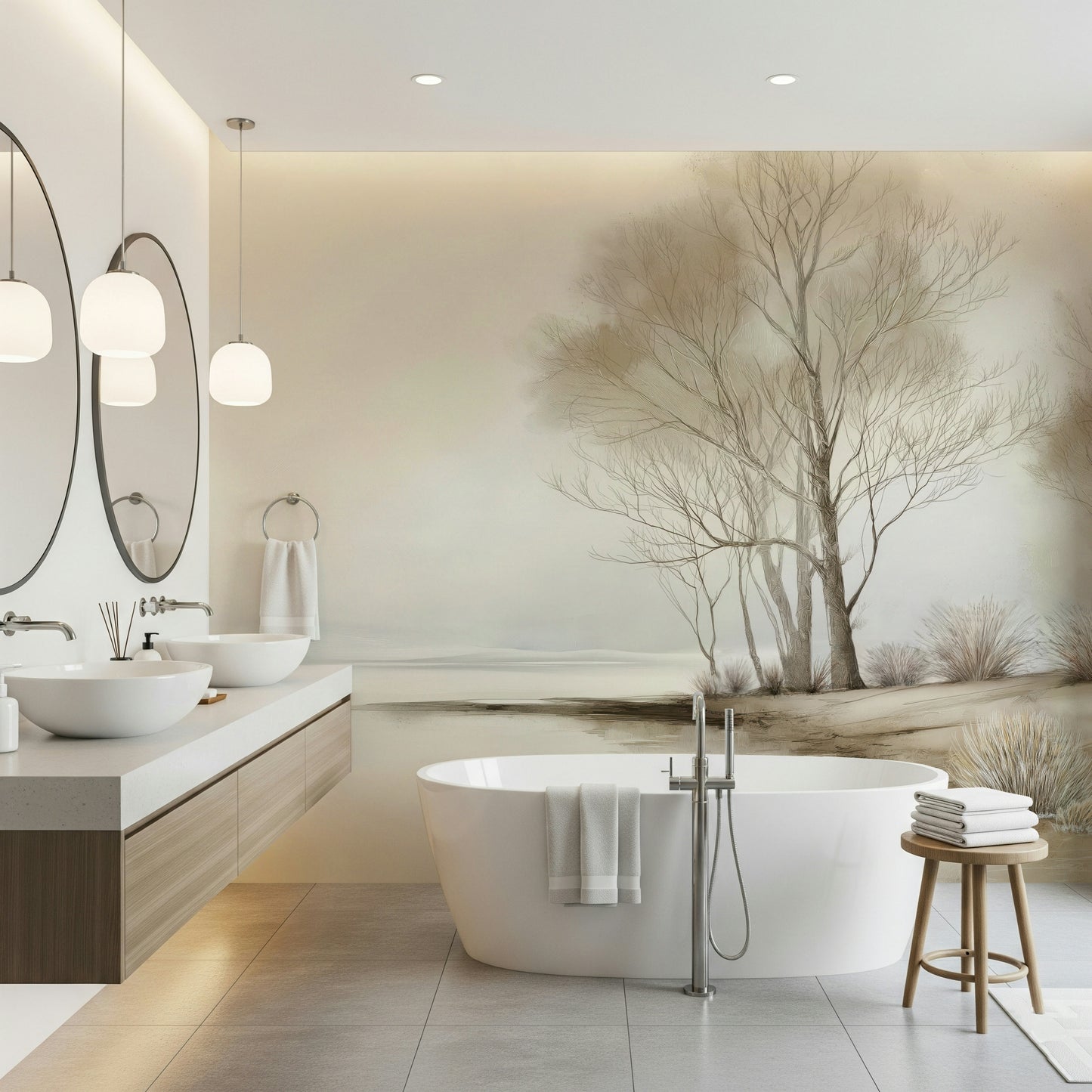 Bare winter trees along a gentle coastal stretch captured in a soft neutral-toned wallpaper.