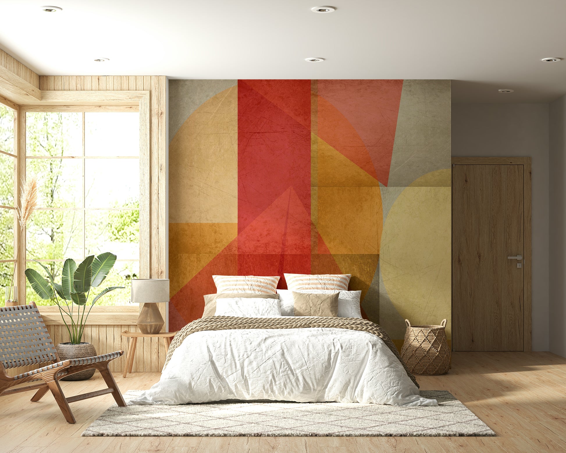 A fusion of city-like forms and warm colors creating a bold artistic geometric wallpaper.