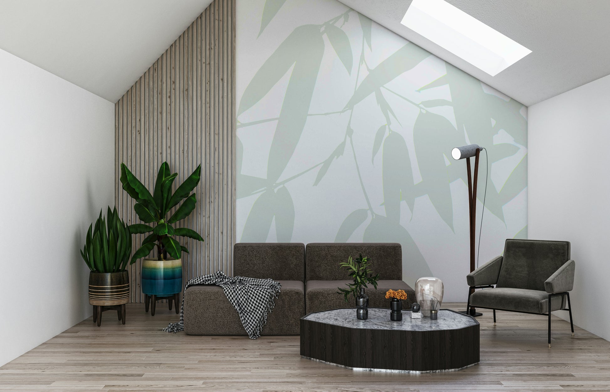 A light botanical wallpaper with softly shaded bamboo leaves for a calm, natural aesthetic.