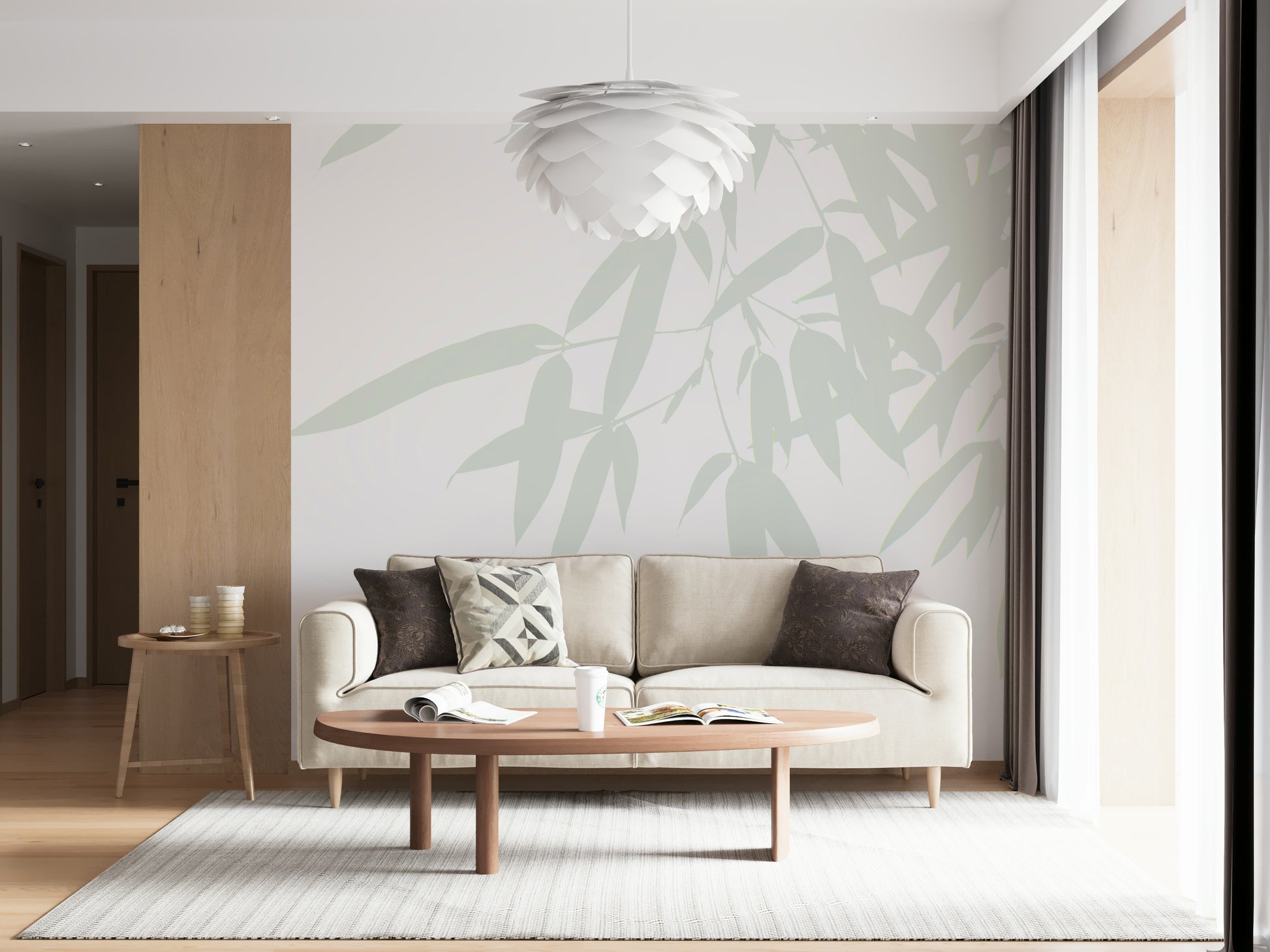 A soft-focus wallpaper design with flowing bamboo leaves creating a serene atmosphere.