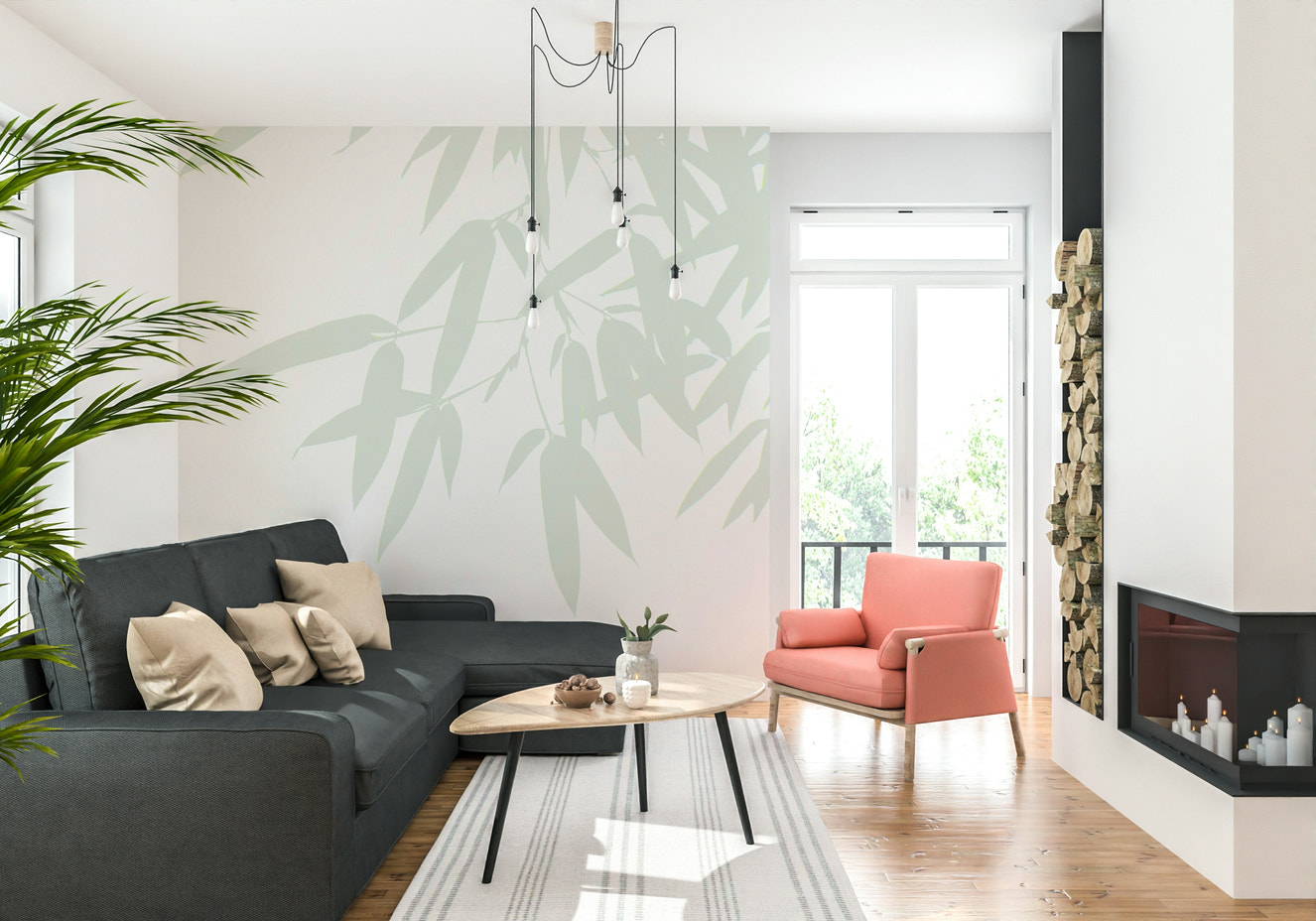 A soft bamboo leaf wallpaper featuring delicate sage-green leaves against a light neutral background.