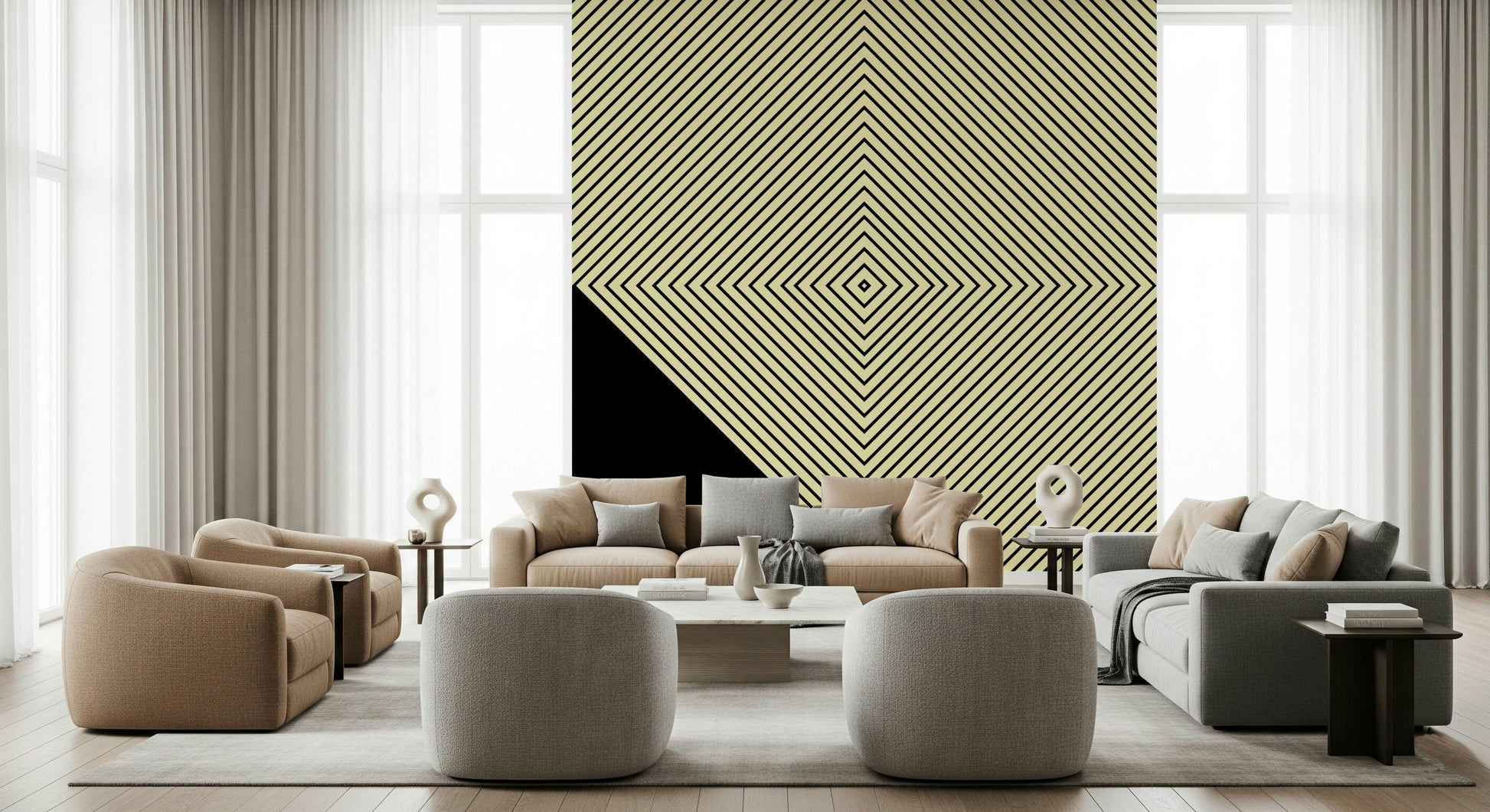 Minimalist monochrome wallpaper where diagonal black lines converge to form a striking peak pattern.