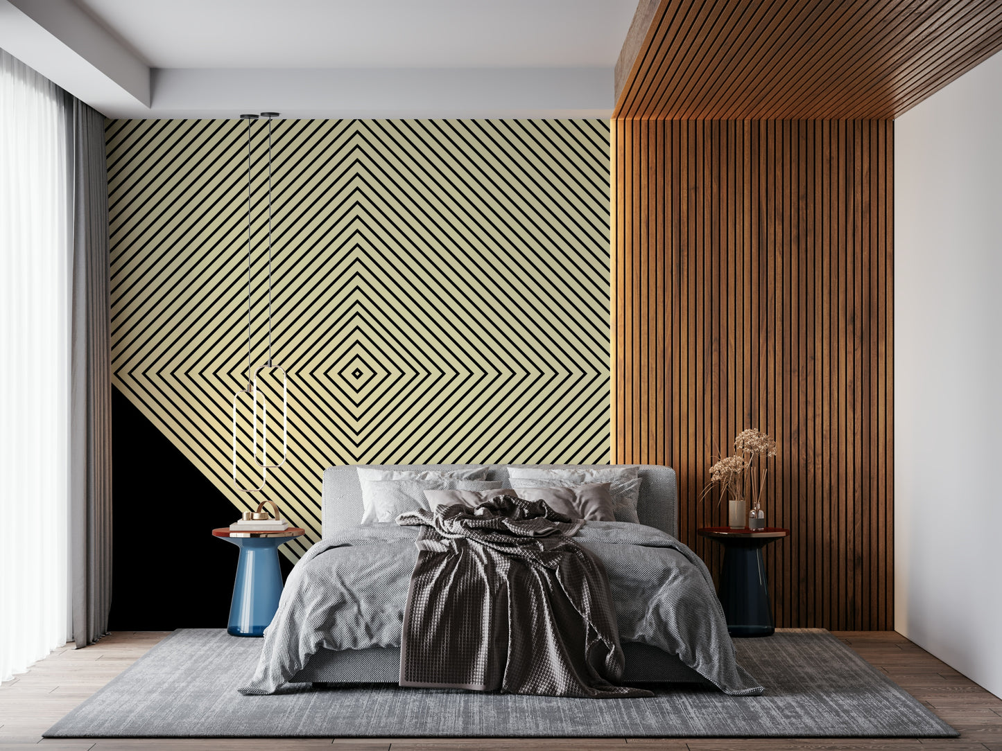 Abstract black lines arranged in a hypnotic expanding diamond shape on a modern monochrome wallpaper.